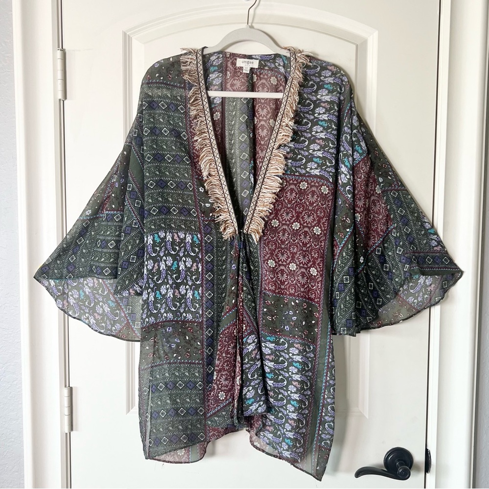 UMGEE Boho Patchwork Kimono Fringe Cardigan Open Front Duster Swim Cover Up ML